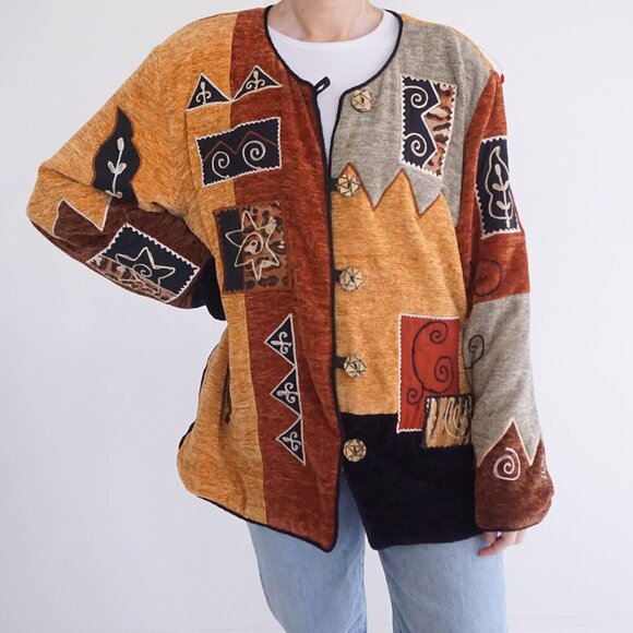 Jackets & Blazers - Vintage Indigo Moon Brown Tan Embroidered Patchwork Button Boho Jacket 1X
